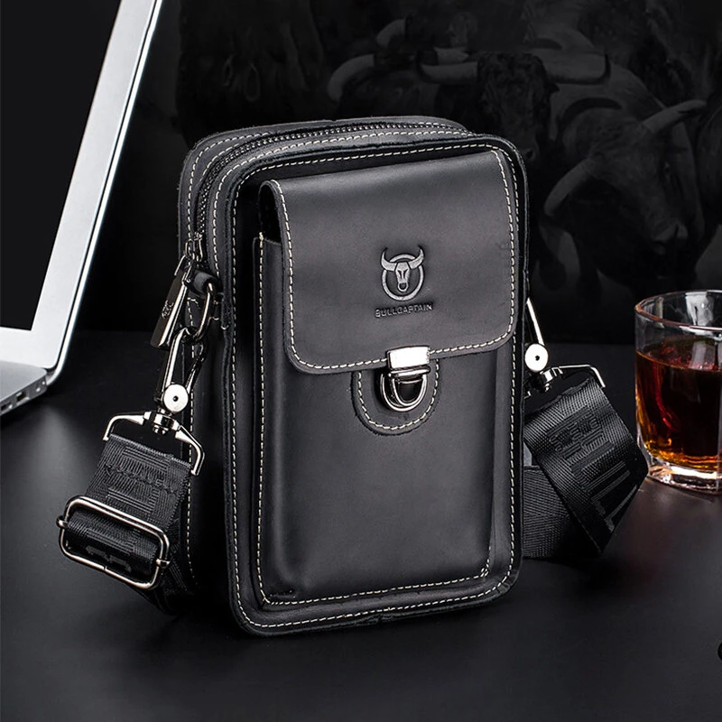 (image for) BULLCAPTAIN Men Casual Waist Bag Belt Purse Genuine Leather Multifunctional Shoulder Messbage Bag Mobile Phone Crossbody Bags Waist Pack